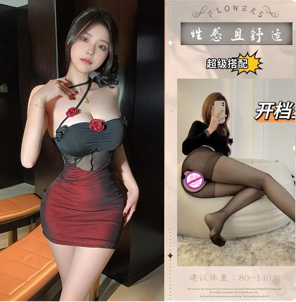 New Year Lingerie Set - Seductive Sheer Sleep Dress with Built-in Pads & Bodycon Fit - Picture set + black open-crotch stockings