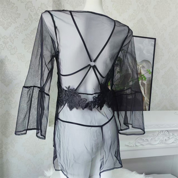 Summer Sexy Sheer Lace Bodysuit - Bedroom-Ready Pure & Tempting Matching Set with Embroidery - Black outer robe [excluding bodysuit]