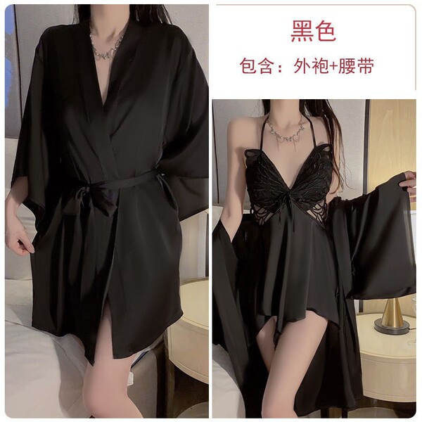 Butterfly Lace Sleeveless Ice Silk Sleep Dress Set – Sheer Back, Bow Detail, Spring Romantic Lingerie - black outer robe