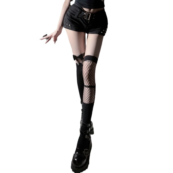 Black over-the-knee fishnet stockings featuring lace-up thigh highs with bow accents, perfect for a sweet yet edgy look.