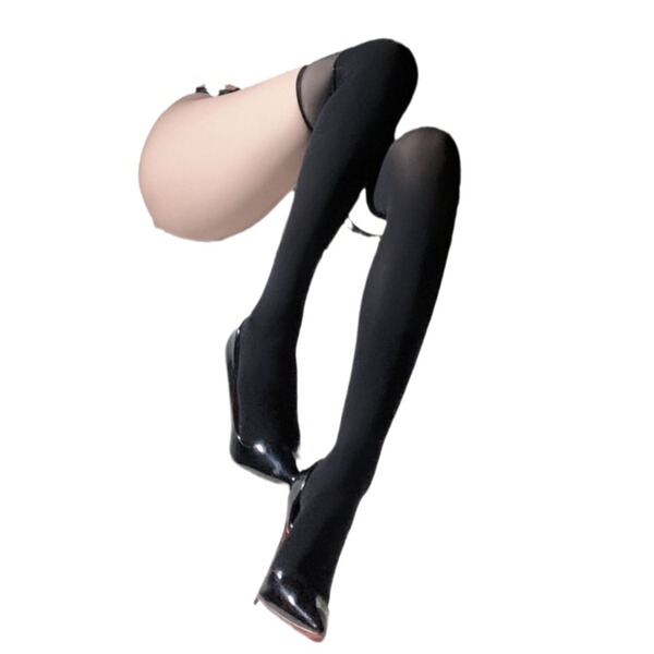 Black sheer stockings featuring ultra-thin design, thigh-high coverage, anti-slip band, and heart-shaped leg cuffs.