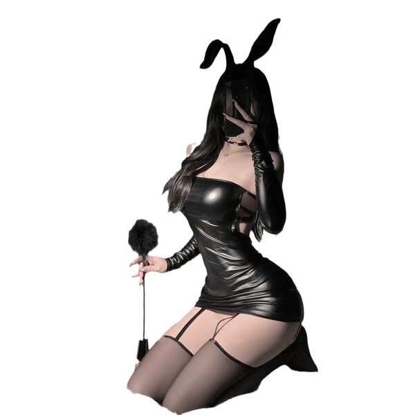 Sexy black patent leather corset dress featuring open back and sleeve details, perfect for nightclub and party wear.