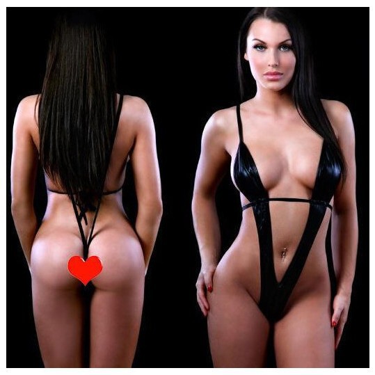 Black patent leather role play lingerie set featuring an open-crotch design, perfect for adults seeking adult entertainment o...
