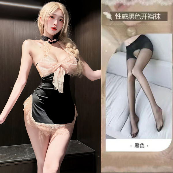 Drunk on Wind Plus Size Lingerie for Women – Seductive Lace Cheongsam Style Open-Crotch Dress with High Slit & Sensual D - 0958 Black and pink + black open crotch socks
