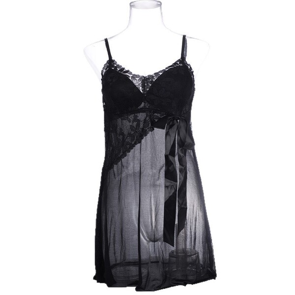 Seductive Lace Sheer Chemise with Built-in Pads - Modest Yet Sexy Sleepwear for Women - Black (for privacy protection)