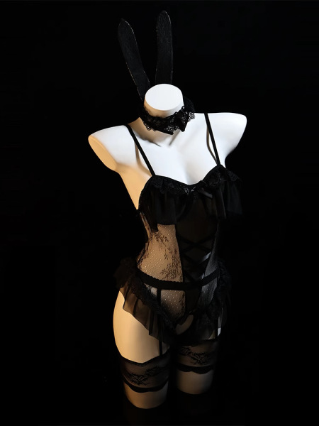 Pure & Playful Lingerie Set - Seductive Bunny Girl Sleepwear for Intimate Moments - Black outfit [includes bunny ears + neck ring + bodysuit + 2 bracelets]
