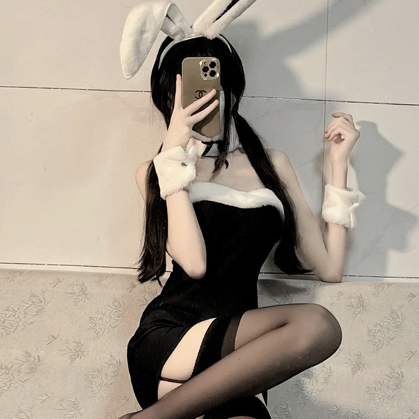 Rabbit Girl Costume Set - Plush Bunny Lingerie Outfit with Fluffy Tail & Skirt for Cosplay & Role Play - Black Bunny Girl [Ears, Necklace, Bracelet, Skirt]