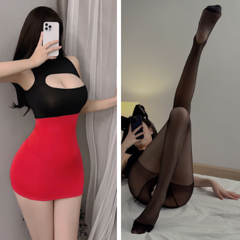 Ranqing Seductive Lingerie Set - Hot Sheer Office Secretary Outfit, Bodycon Skirt & Matching Top - Black and red + black opening