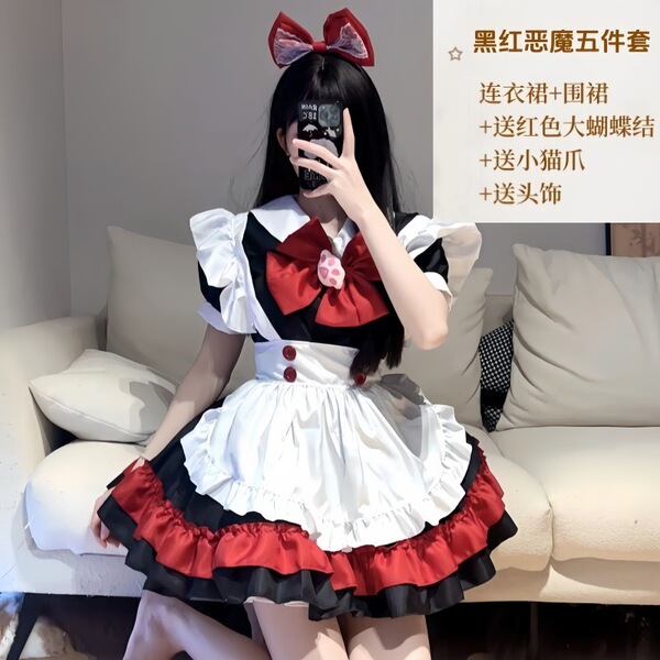 Japanese Style Plus Size Black White Lace Maid Dress - Lolita Cosplay Outfit Set for Women - Black and Red Little Devil Five-Piece Set