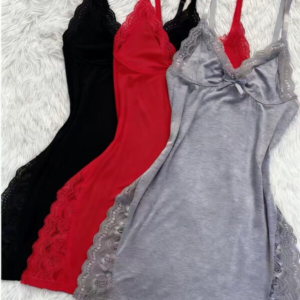 Butterfly Knot Split Slit Cami Sleep Dress – Sexy Lingerie-Inspired Pure & Tempting Nightwear for Women - Black + Red + Gray