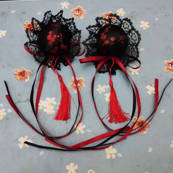 Plus Size Chinese Style Cheongsam Lingerie Set - Retro Maid Dress with Apron, Busty Pure & Tempting Two-Piece Outfit - Black and red headdress