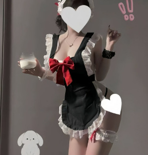 Sexy Maid Costume Set - Lace Trim Apron & Chef Uniform for Cosplay, Role Play & Themed Parties - Black and red [headwear + apron + bracelets + leg rings + thong]