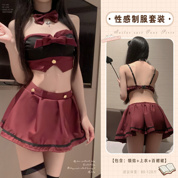 Sexy Lingerie Set - Seductive JK Schoolgirl Outfit with Bow & Pleated Skirt, No-Remove Pure Temptation Ensemble - Black and red JK uniform + model's stockings