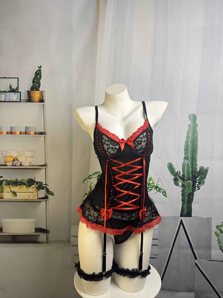 Sexy Lace Bodysuit with Bow Detail - Japanese-Inspired Romantic Lingerie for Women - Black and red (3-piece set)