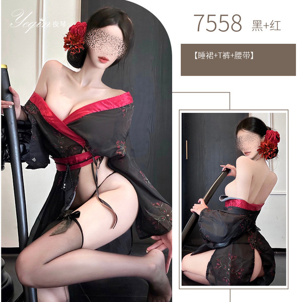 Yaqin Vintage-Inspired Sensual Lingerie Set - Removable Pure-Delight Kimono-Style Bedroom Outfit, Floral Print Japanese - Black and Red Suit