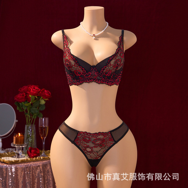 European-Style Sheer Lace Sexy Bra Set for Women – Pure & Tempting Lingerie Ensemble with Push-Up Support - Black and Red