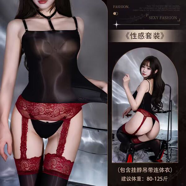 Sexy Oil-Shine Lace Bodysuit with Halter Neck & Open-Crotch Design – Pure-Yet-Playful Over-Knee Slip Dress - 4549 Black + Red [Glossy Onesie with Socks]