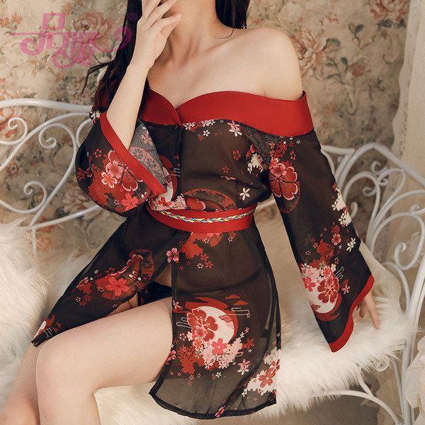 PinXian Sexy Off-Shoulder Kimono Sheer Open Cardigan Set - Japanese-Inspired Lingerie Outfit - Black and red [off-shoulder dress + thong pants + bow belt]