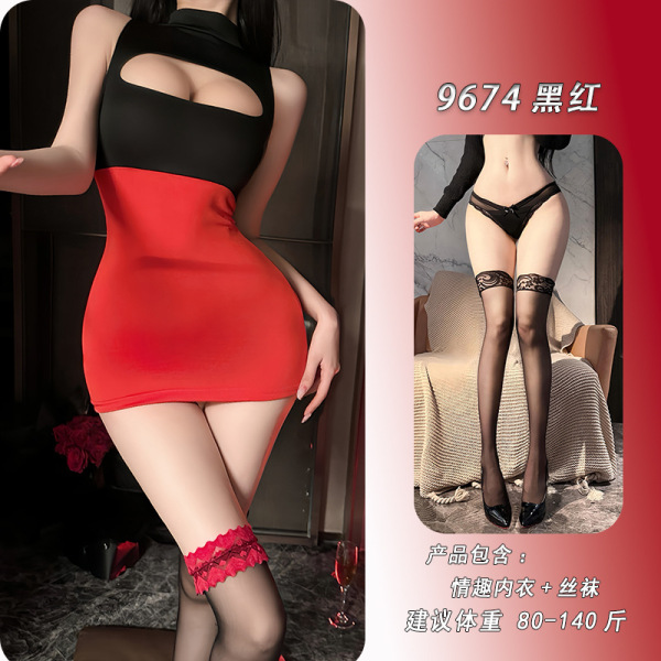 Night-Silk Seductive Secretary Outfit - Sexy Lingerie Set & Pure-Desire Sleepwear, No-Remove Design - Black and red with matching stockings