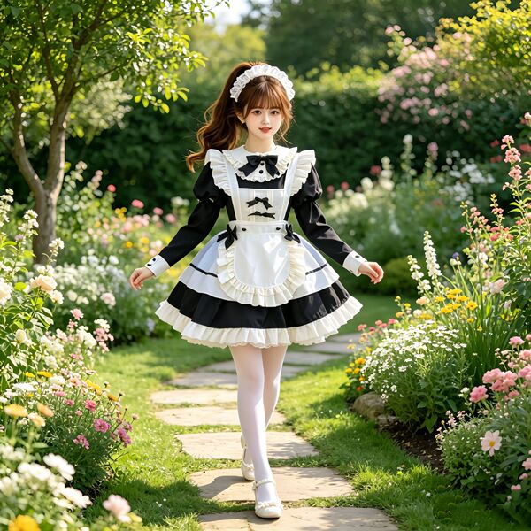 Maid Dress Cosplay Costume - Sweet Lolita Servant Dress for Women, Plus Size Cute Maid Outfit for Daily Wear & School - Black short-sleeved bow-tie Lolita dress set (dress + apron + headpiece) + 2 free sleeves
