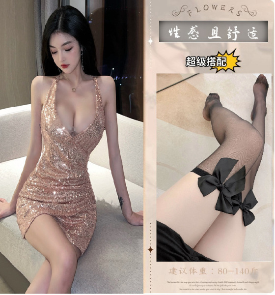 YueDie Sexy Lingerie Set for Women – Deep V Sparkle Nightwear, Shiny Sequin Sleep Dress, Alluring Adult Intimate Apparel - Picture set + black bow-tie stockings