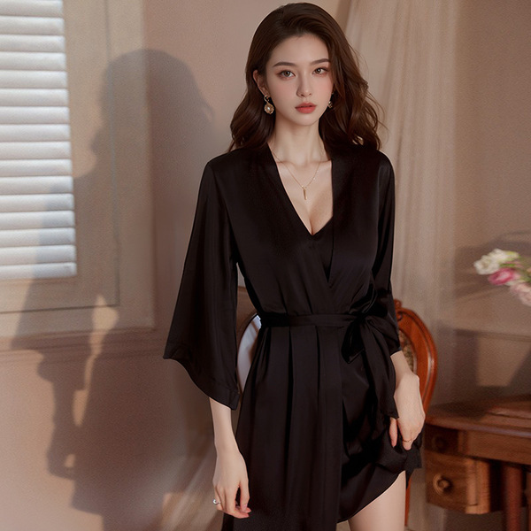 Seductive Ice Silk Backless Sleepwear Set - Sexy Lingerie Nightgown & Robe, No-Remove Passion Outfit, European Style - Black (single outer robe)