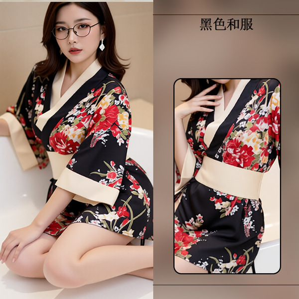 BaoDouBear Japanese-Style Lingerie Set for Women – Seductive Kimono-Inspired Sexy Costume Outfit - Black [Red Flower Dancer]