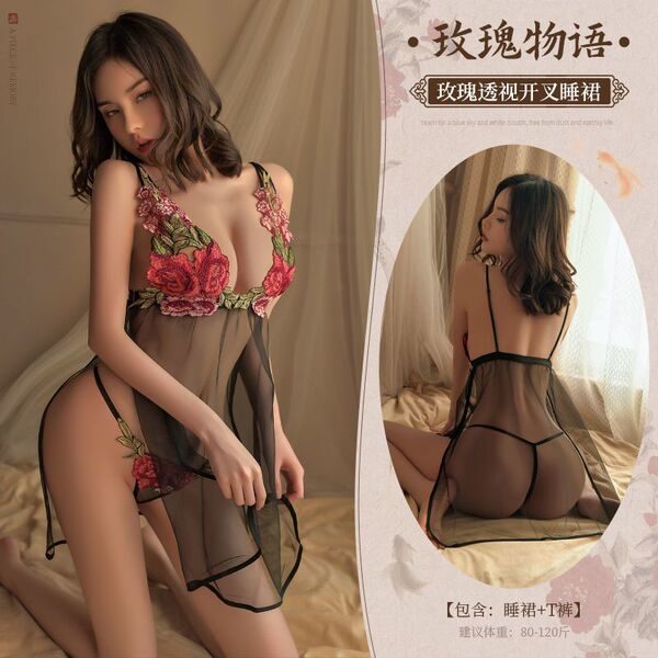 Seductive Lingerie Set for Women - Sexy Uniform Style Sleepwear with Bold Design & Alluring Details - Black rose sheer nightgown (nightgown + thong)