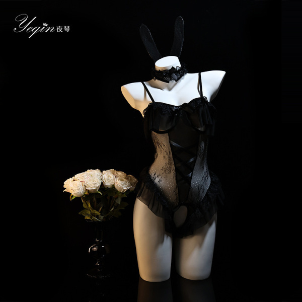 Rabbit Girl Lingerie Set - Sexy Tight-Fit Costume Sleepwear for Women, Pure & Tempting QQNY Style - Black + matching socks