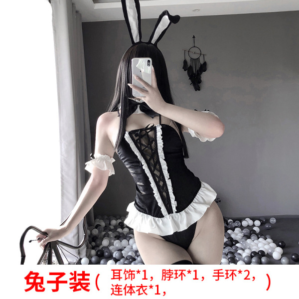 Qingruohan Adorable Bunny Girl Lingerie Set - Sexy One-Piece Short Dress Costume for Women - Black + matching socks (3072 Black)