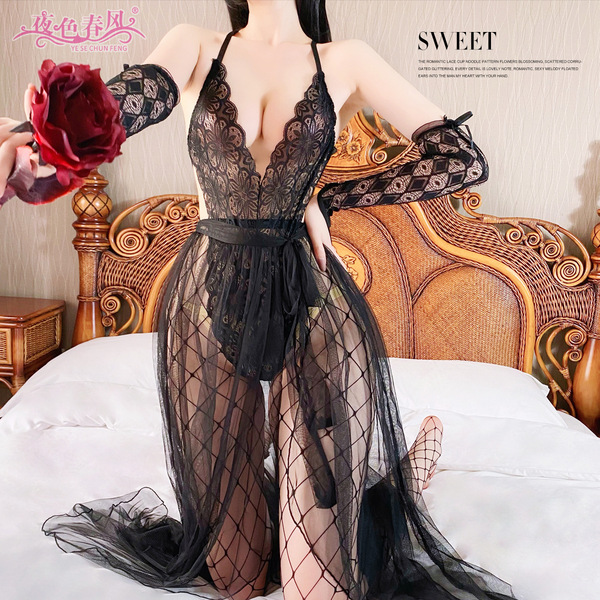 Sexy Lace Deep V Sleep Dress Set – Sheer Mesh Nightgown & Matching Lingerie for Night Out or Midnight Romance - Black (tulle skirt)