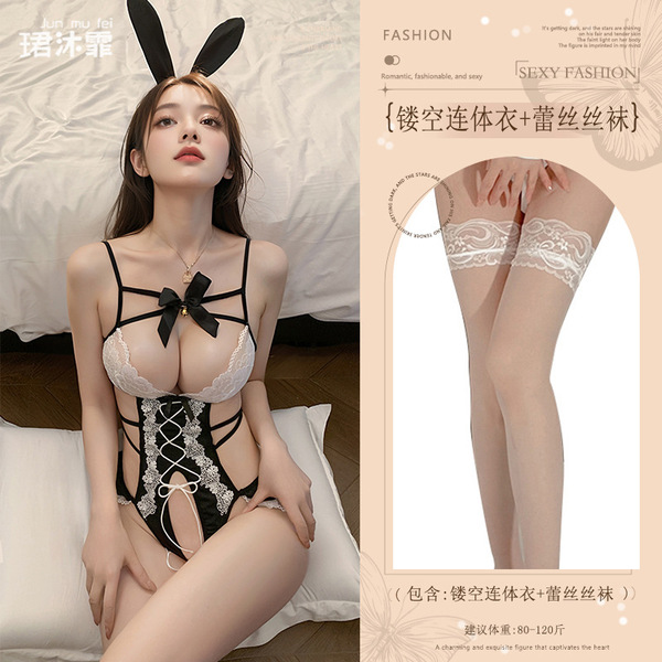 Seductive Bunny Costume for Women - No-Remove Sexy Lingerie Outfit for Date Night & Bedroom Play - Black (openwork bodysuit + white lace stockings)