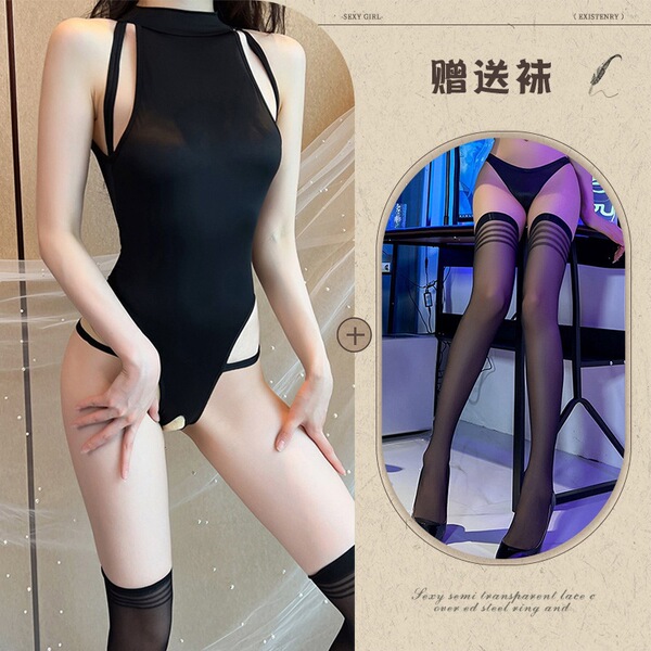 Mannyqing Seductive Lace Bodysuit - No-Remove Uniform Style Ice Silk Open-Crotch Romper for Bedroom Passion - Black clothes + black striped stockings