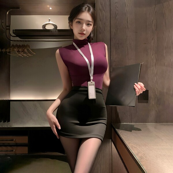 Pure & Seductive Lingerie Set - Modest Yet Sexy Secretary Cosplay Sleepwear with Pencil Skirt - Purple-black top + skirt + name tag + black open-crotch socks