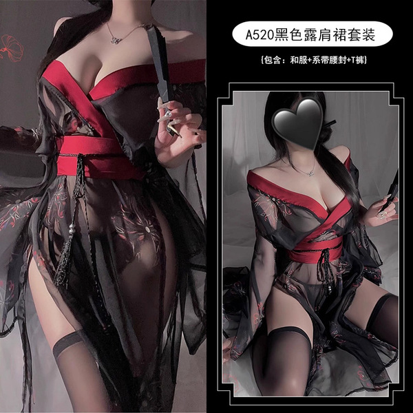 Hua Qing Hai Japanese-Style Lingerie Kimono Set - Black Floral Print Seductive No-Remove Outfit for Women - Black off-the-shoulder suit + matching socks