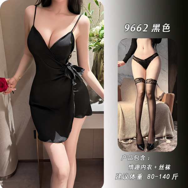 Feiniao Moonlit Lingerie Set - Sensual Waist-Cinching Sheer Deep V-Neck Tie-Detail Sleep Dress - Black + matching stockings