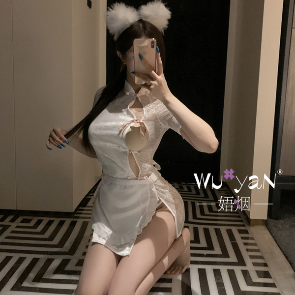 Pure & Seductive Lingerie Set - Modest Yet Alluring Qipao-Inspired Sleepwear & Cosplay Outfit - White cheongsam + T-shirt + black stockings
