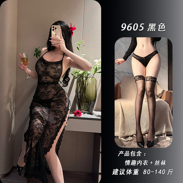 NightSiYeSe Lace Babydoll Nightgown - Seductive Pure-Yu Style Erotic Lingerie with Side Slit, QQNY Brand - Black + matching stockings