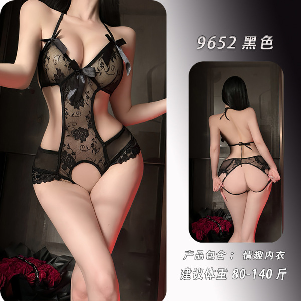 Night-Silk Sensual Lace Open-Crotch Bodysuit – French-Inspired Pure-Yet-Alluring Erotic Lingerie - Black + matching stockings