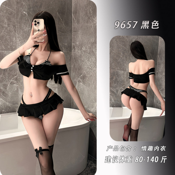 NightSiSexy Lingerie Set – Pure & Tempting Crop Top & Mini Pleated Skirt Outfit, Seductive Uniform Style - Black top + skirt + underwear + matching stockings