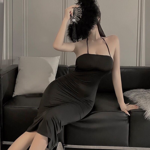 Seductive Cross-Band Lingerie Dress - Sexy Bedroom Play Nightgown for Passionate Date Nights - Black nightgown + T-shirt