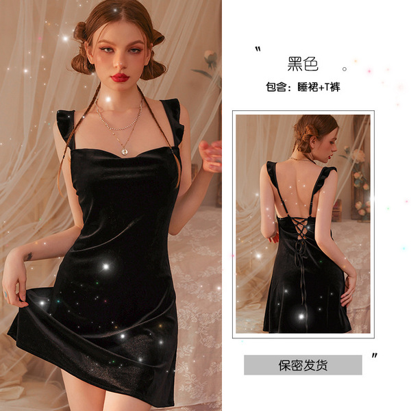 Pure Temptation Lingerie Set – Sexy Sleepwear Dress with Ruched Hip Detail, Lazy Princess Style Nightgown - Black nightgown + T-shirt