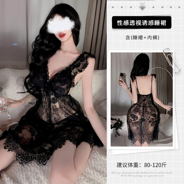 QQNY Plus Size Lace Sleep Dress - Sexy Sheer Bedroom Lingerie Set, No-Remove Passion Nightwear - Black nightgown + underwear