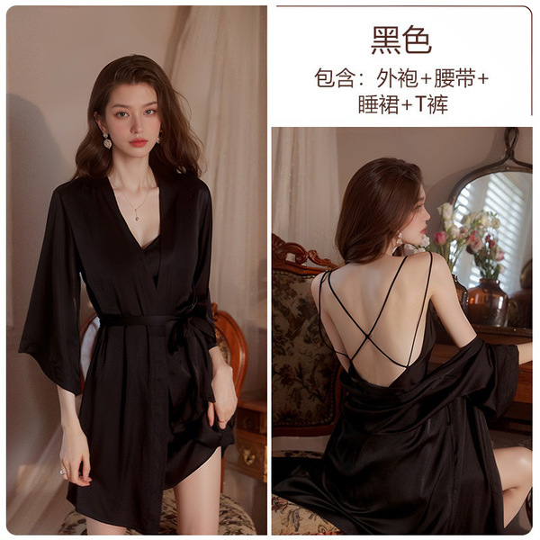 Seductive Lace Deep V-Neck Backless Sleep Dress for Women – Sexy Lingerie Sleepwear, Easy-On Bedroom Outfit - Black (nightgown + thong + robe + belt)