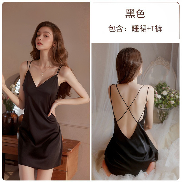 Seductive Lace Deep V-Neck Backless Sleep Dress for Women – Sexy Lingerie Sleepwear, Easy-On Bedroom Outfit - Black (nightgown + thong)