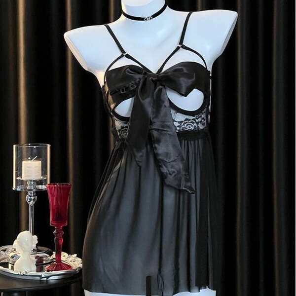 Plus Size Lace Chemise Set - Sexy Satin & Lace Sleepwear with Ties, Bedroom-Ready Outfit - Black nightgown + T-shirt