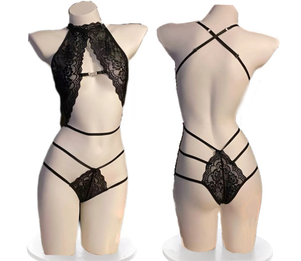 Sexy Nightclub Halter Backless Lace Bodysuit - Cozy Pure-Flirty Lingerie & Sleepwear Set - Black (socks not included)