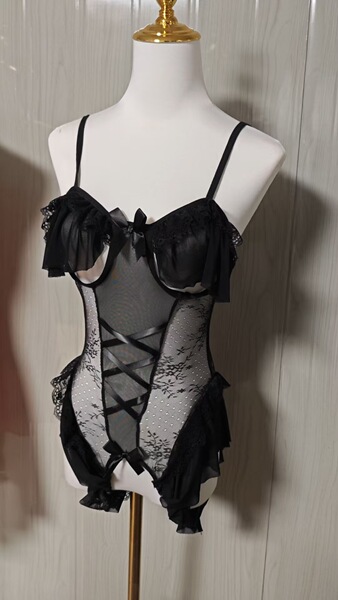 Hemei Sexy Bunny Girl Costume - Flirty Ruffle Bodysuit for Couples, Cute Lingerie Outfit - Black (socks not included)