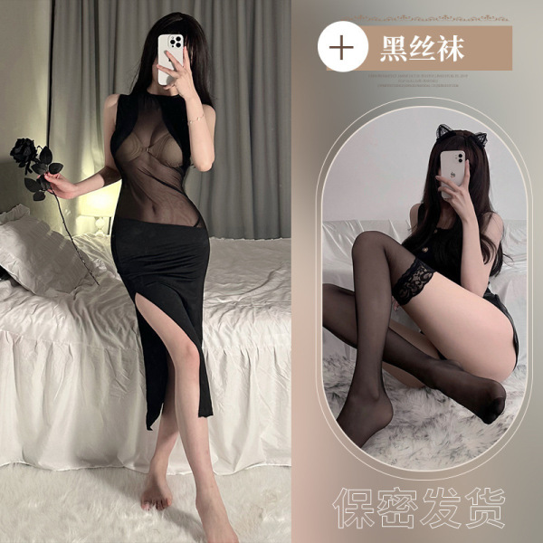 Sexy Lace Sheer Bodycon Dress for Women – Provocative Nightclub Party Dress, Tight Fit & Alluring Mesh Long Dress - Suit + Black Stockings