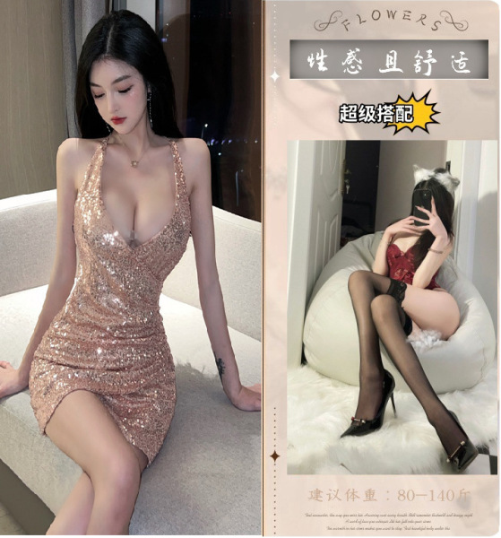YueDie Sexy Lingerie Set for Women – Deep V Sparkle Nightwear, Shiny Sequin Sleep Dress, Alluring Adult Intimate Apparel - Image set + black stockings